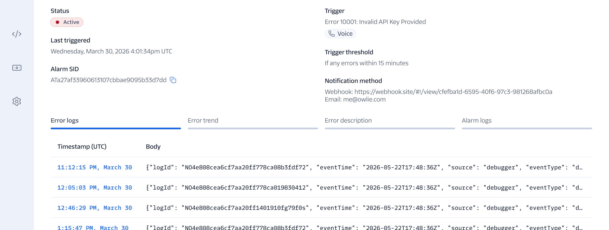 Screenshots of Twilio's developer tools and observability features